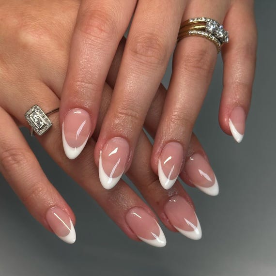 Handmade White French Tips Press On Nails - Reusable Manicure Fingernails - Fake Nails - Glue on Nails - Wedding Nails
