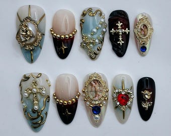 Angel and Cross Gold Frame Holy Press on Nails - Gothic Luxury Handmade Fake Fingernails H47