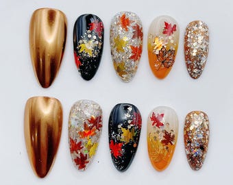 Höstlöv Glitter Guld Metalliska Pressnaglar - Festliga Unika Eleganta Handgjorda Återanvändbara Lösnaglar