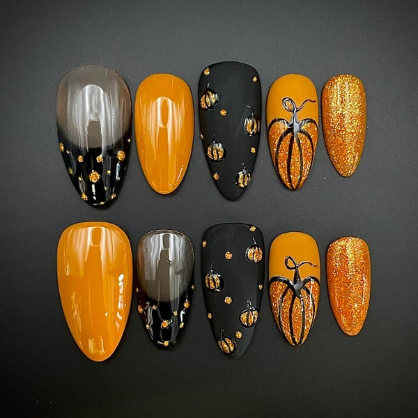 Orange Pumpkin Autumn Fall Themed Press On Nails - Halloween Handmade Reusable Custom Fingernails - Gel Fake Nails - Glue on Nails