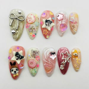 Handmade &quot;The Cuties&quot; Kawaii Cats & Dogs Lovers Press on Nails - Reusable Hand-painted Fake Fingernails - Puppy Kitty Y2K Nails R19