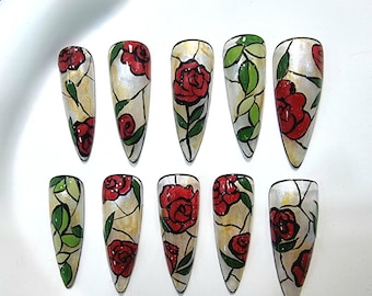 Handpainted Enchanted Rose Press on Nails - Beauty Beast Nails - Gothic Leaf Red Stained Glass Floral Fingernails