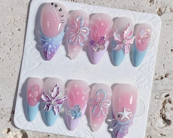 Handmade 3D Pastel Fairycore Press On Nails | Pink Blue Mermaid Butterfly & Flower Fake Nails