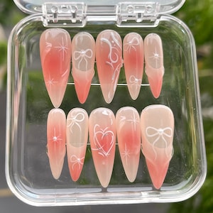 Pink Ombre French Tip Press on Nails - Pretty Bow Heart Custom Fingernails - Hand-painted Handmade Reusable Fake Nails - Glue on Nails C31