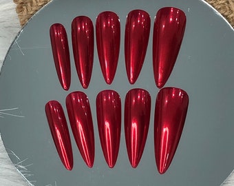 Red Chrome Handpainted Press on Nails - Solid Color Deep Red Mirror Chrome Nails -  Reusable Long False Set Fake Gel Glue on Nail