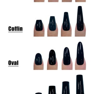 Op de afbeelding: Een grafiek getiteld Nailgaze Lengths and Shapes toont zwarte kunstnagels in amandel, coffin, ovaal, vierkant en stiletto stijlen. De lengtes vari&euml;ren van 18mm tot 42mm voor kort, medium, lang en extra lang met bijbehorende tekstlabels.