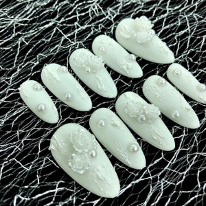 Wedding Bridal Flowers Pearl Custom Press On Nails - Happiness Luxury All White - Gel 3D Fake False Glue On Bride Almond Gift Nail N31