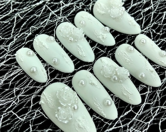 Wedding Bridal Flowers Pearl Custom Press On Nails - Happiness Luxury All White - Gel 3D Fake False Glue On Bride Almond Gift Nail