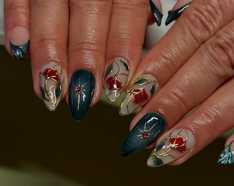 Enchanted Rose Handpainted Press on Nails - Gothic Leaf Red Beauty Stained Glass Flower Fake Custom Party Set Glue on Nails