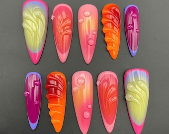Vibrant Colorful Summer Aura Press On Nails - Handmade Reusable Custom Fingernails - Gel Fake Nails - Glue on Nails G12