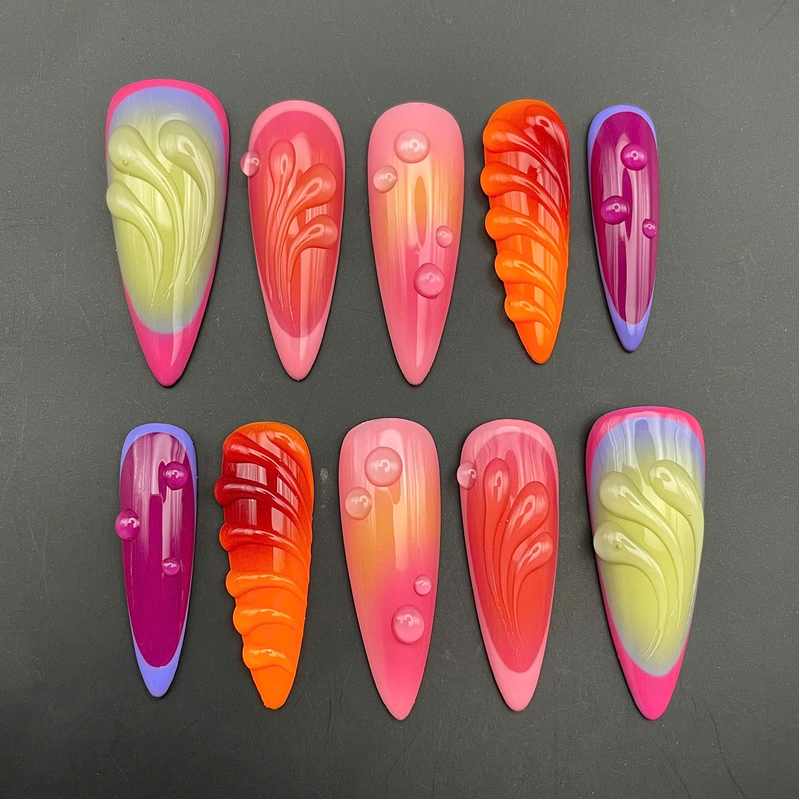 Vibrant Colorful Summer Aura Press On Nails - Handmade Reusable Custom Fingernails - Gel Fake Nails - Glue on Nails G12