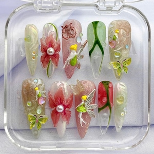 Tinker B inspired 3D Floral Press on Nails - Butterfly Garden Handmade Fake Fingernails W02