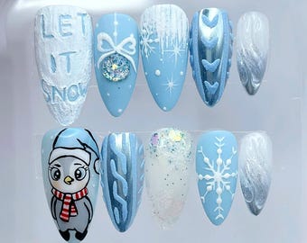 Handpainted 3D Sweater Handmade Christmas Press On Nails | Cute Penguin Nails | Blue Winter Fake Nails | Let It Snow Snowflake Nail Art