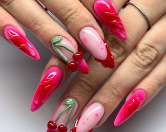 Handmade Press On Nails Almond, 3D Red Cherries and Hot Pink Textured Swirls, Custom Shape