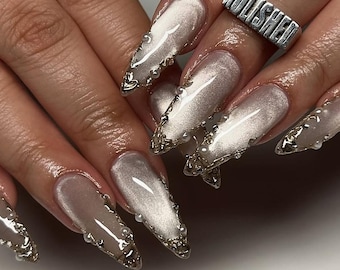 Chrome Framed White Cat Eye Light Gold with Pearls Press-on Nails - Fake Fingernails Reusable for Daily Wear - Gift for Her