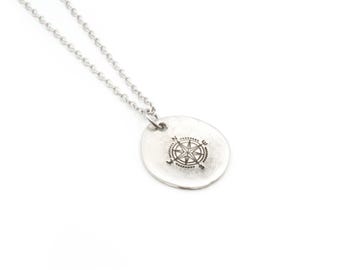 Hand Stamped Compass Necklace, Pewter Pendant, Stainless Steel Chain