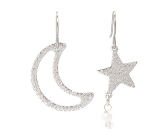 Moon and Star Earrings Dangle, Celestial Moon Earrings, Bookish Gifts for Women, Dangle Earrings Women Silver, Minimalist Jewelry