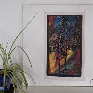 AFRICAN PAINTING signed by artist. Marching Woman. Togo, West Africa image 1