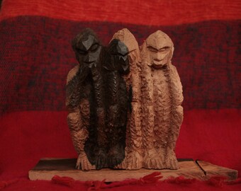 EBONY hand carved wise MONKEYS SCULPTURE . "Speak no Evil. See no Evil. Hear no Evil" from Togo, West Africa.