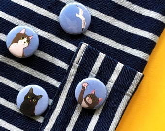 4 Badge Gift Set - 3 Cats & a Bird / set of 4 cat themed pin badges / digital illustration / gift for cat lovers