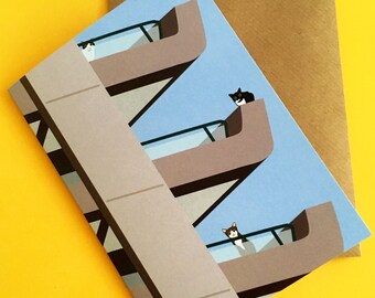 Cats at Barbican Estate / Greetings Card / Notecard / London Architecture / Brutalist Print / Digital Illustration