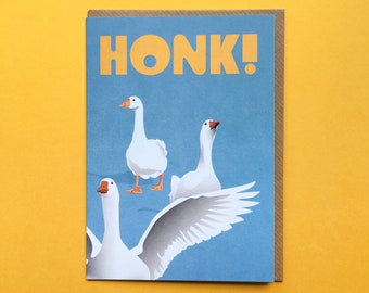 HONK! // funny greetings card/notecard with white geese / digital illustration / fine art print