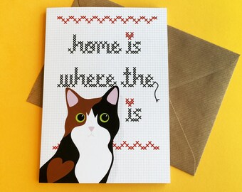 Home is waar de kat is / schattig, grappige kat groeten kaart / nieuw huis / nieuwe kat / digitale illustratie