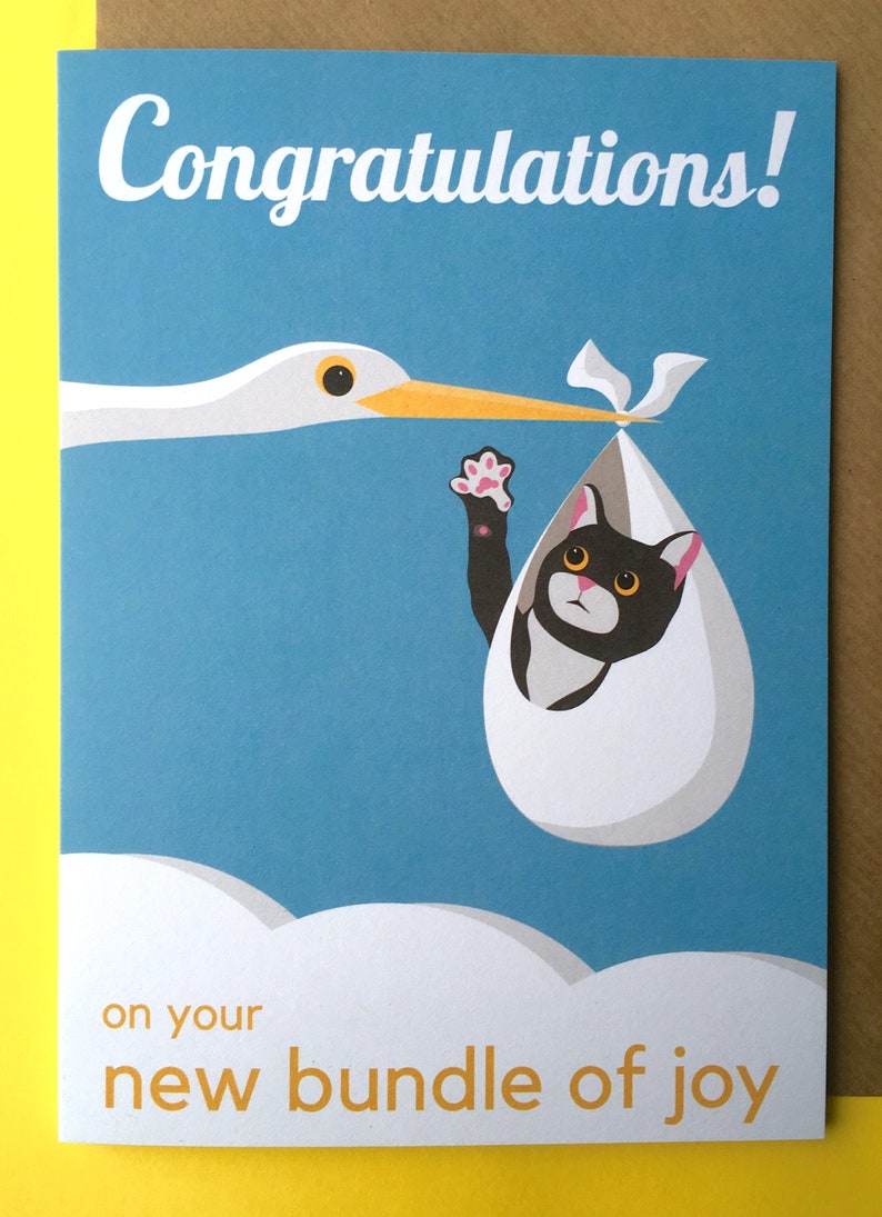 Op de afbeelding: Wenskaart met een ooievaar die een babykat in een eivormige bundel draagt. De kaart heeft de tekst "Congratulations!" en "on your new bundle of joy" in witte en oranje letters op een blauwe achtergrond.