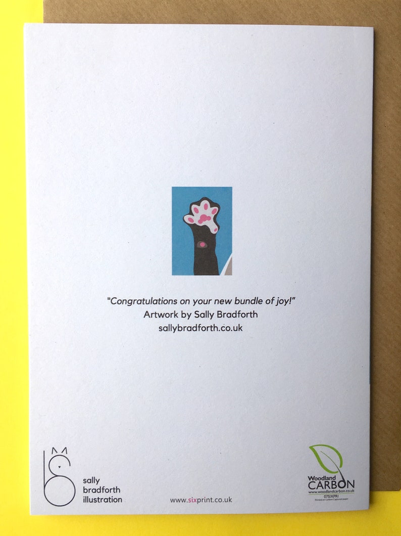 Op de afbeelding: Wenskaart met een kattenpootillustratie. De kaart heeft een kleine afbeelding van een kattenpoot op een blauwe achtergrond. De tekst op de kaart luidt "Gefeliciteerd met je nieuwe bundel vreugde!" en "Artwork by Sally Bradforth."