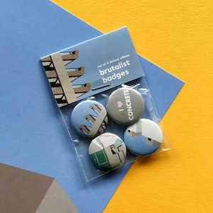 I Love Concrete - 4 Badge Set/ Brutalist Architecture / The Barbican / Thamesmead / gift for architecture and brutalism fans