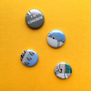 I Love Concrete 4 Badge Set/ Brutalist Architecture / The Barbican / Thamesmead / gift for architecture and brutalism fans image 3