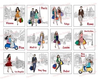 PRINTABLE International Fashion, Shopping, Friends, Boyfriend, Travel, Scooter, Cupcake Toppers, 2" x 2", Pdf DIGITAL DOWNLOAD