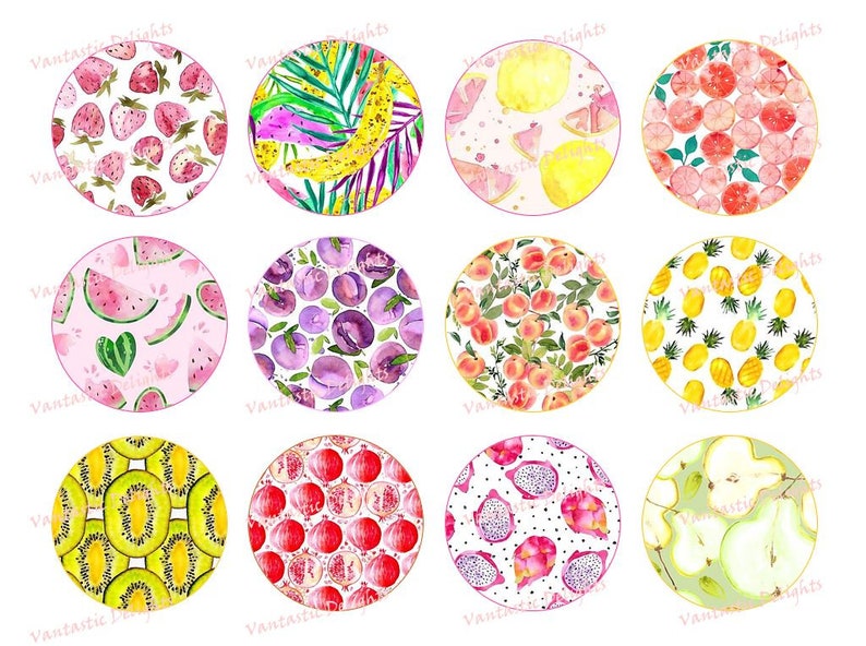 Cupcake Toppers PRINTABLE Watercolor Fruit Pdf DIGITAL DOWNLOAD 2 inches Refreshing Summer
