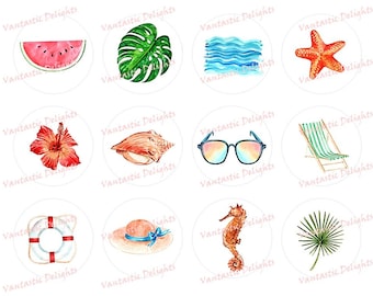 PRINTABLE Beach, Watermelon, Buoy, Seahorse, Ocean, Watercolor, Cupcake Toppers, 2" inches, Pdf DIGITAL DOWNLOAD
