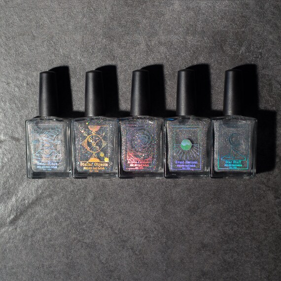 Holographic Universe Collection . Linear, Flakie, Scattered and Glitter Holographic Nail Polish Top Coats. by One Off Nail Polish