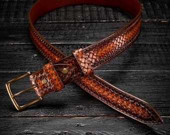 Hand Tooled Brown Leather Belt: Personalized Embossed Design
