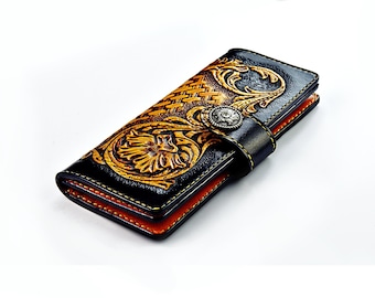 Hand Tooled Leather Long Wallet: Carved Floral Clutch