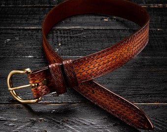 Hand tooled leather belt Sunburst leather belt men Embossed basket weave belt Custom leather belt Personalized leather belt