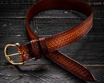 Hand Tooled Leather Belt: Sunburst Embossed Basket Weave, Custom Personalized