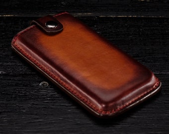 Tan Mahogany Leather iPhone Case with Pull Strap