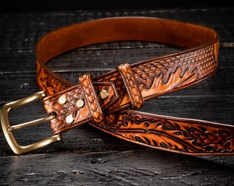 Hand Tooled Leather Belt: Tan Snakeskin & Oak Leaf Carved Waist Belt