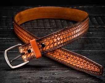 Hand tooled leather belt Tan basket weave belt Embossed leather belt 1.5 inch waist belt