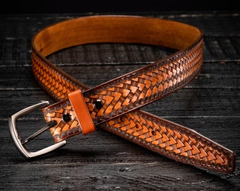 Hand Tooled Leather Belt: Tan Basket Weave Embossed Waist Belt