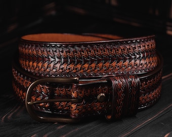 Hand tooled leather belt, Brown custom belt for gift, Handmade from Ukraine