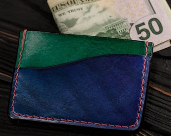 Handmade Italian Leather Card Holder: Slim Blue-Green Wallet