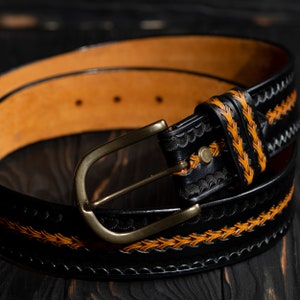 Hand Tooled Black Tan Leather Belt: Embossed Basket Weave Design