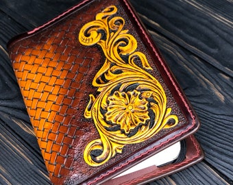Hand Tooled Leather Pocket Notebook Cover: Floral Moleskine Cahier/Volant