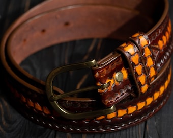 Leather Belt: Brown Saddle Tan Embossed Basket Weave