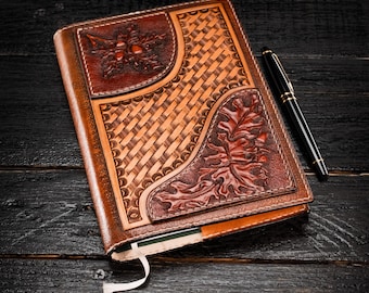 Hand Tooled Leather Notebook Cover for book 5 3/4"x8 1/4"/ Italian Vegetable-Tanned Leather