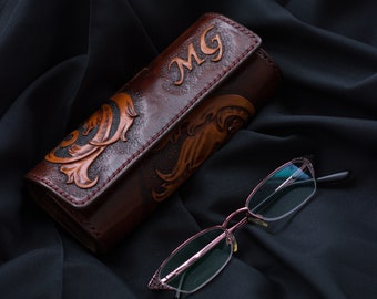 Brown Leather Glasses Case: Baroque Carved Eyeglasses Holder, Personalized